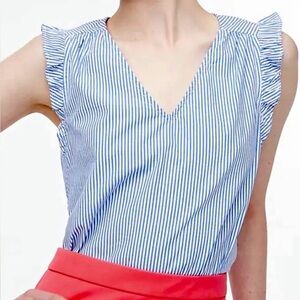 J. Crew NWOT Sleeveless Ruffle Top V-Neck Cotton Banker Blue Stripe Size XL